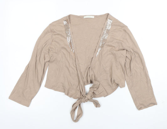 Marks and Spencer Women Beige Sequin Tie Cropped Cotton Blouse UK 14