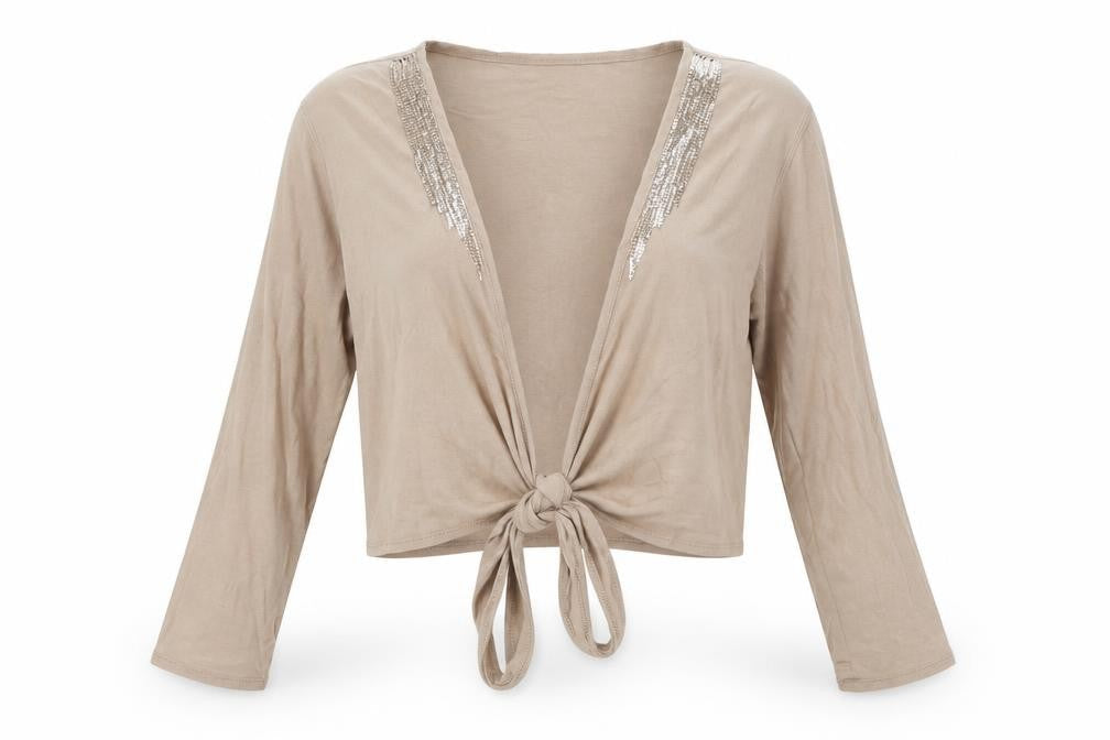 Marks & Spencer Women Beige Sequin Tie Cropped Cotton Blouse UK 14