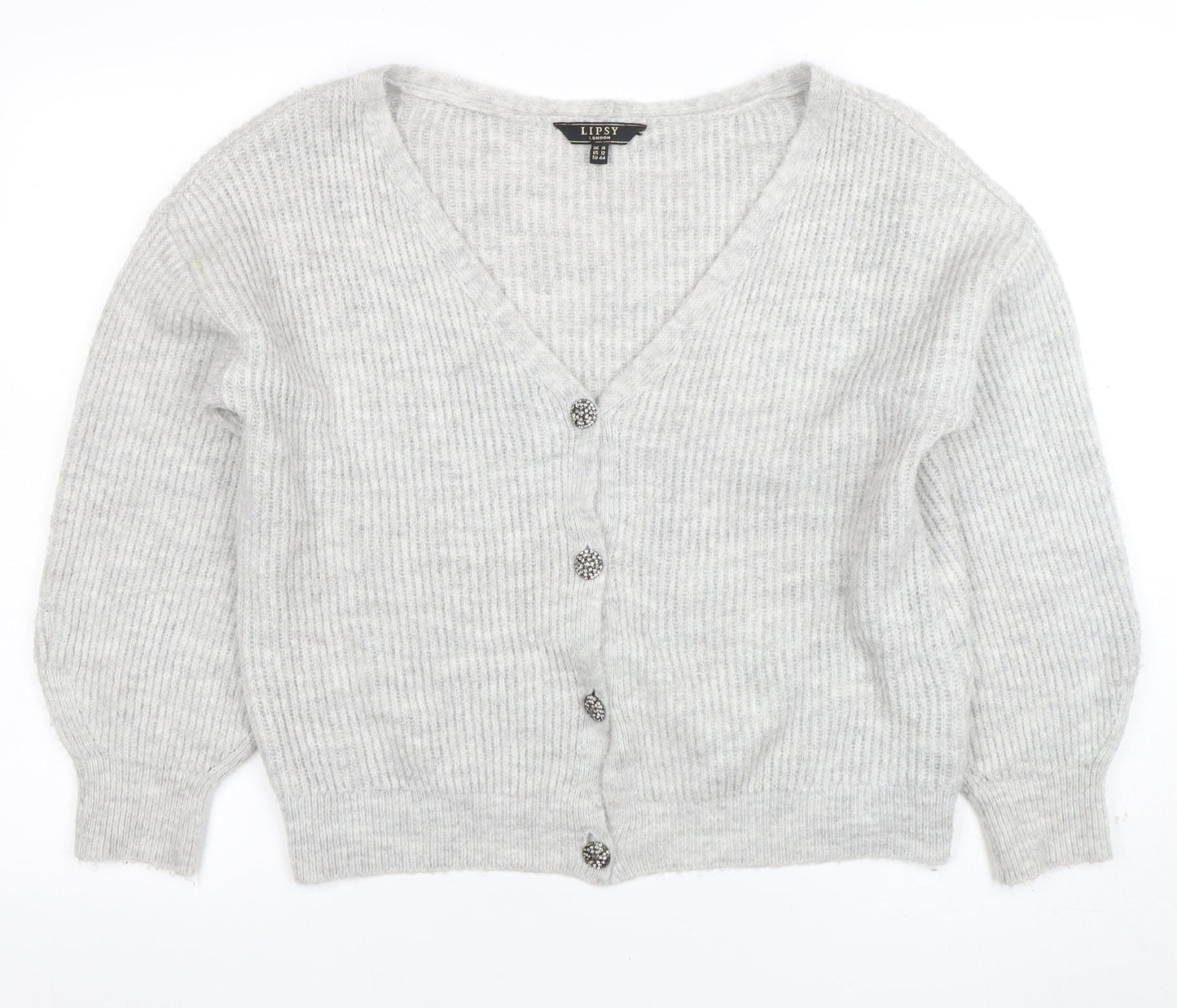 Lipsy Women’s Grey V-Neck Button Cardigan UK 16 Acrylic Knit