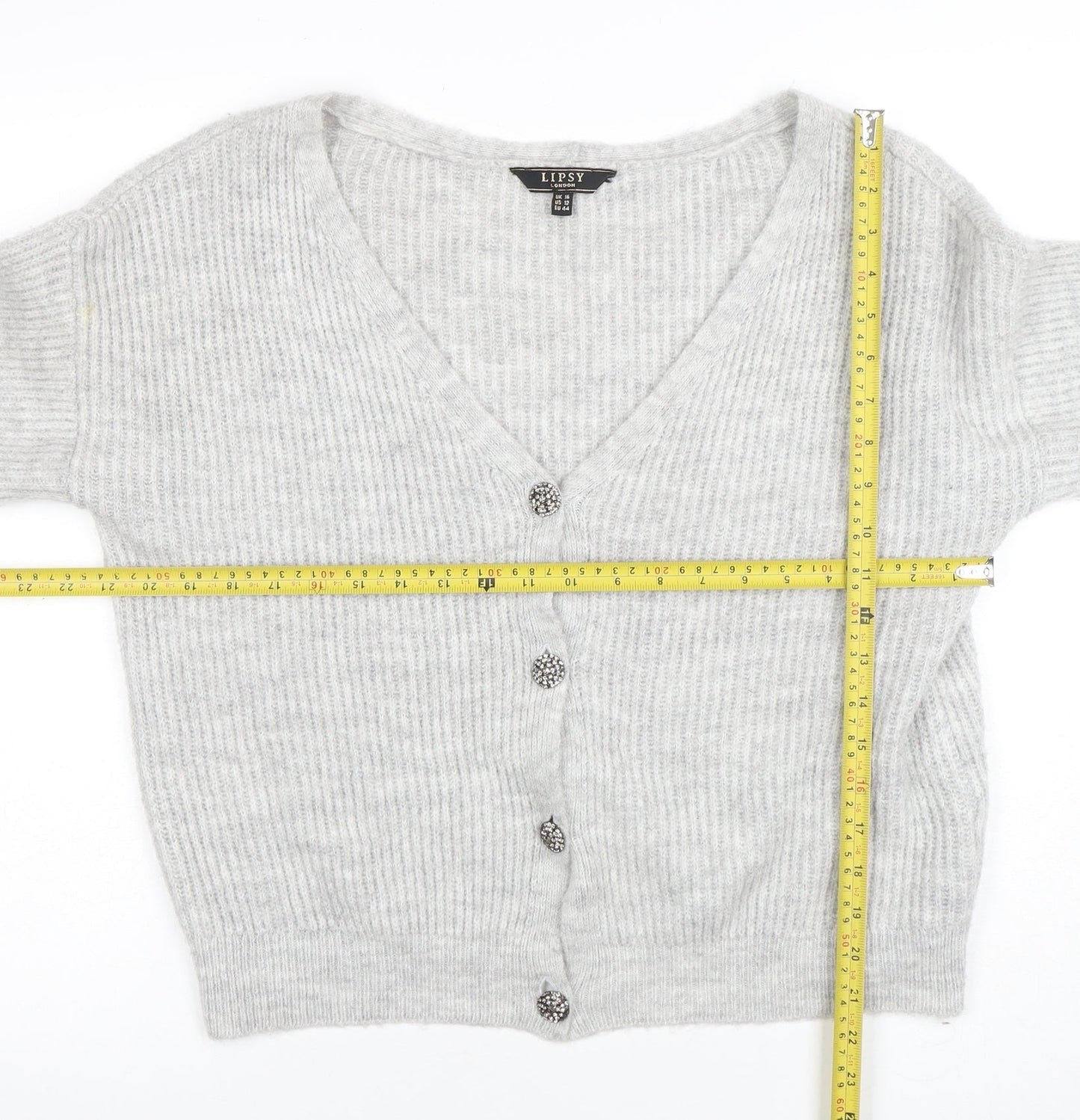Lipsy Women’s Grey V-Neck Button Cardigan UK 16 Acrylic Knit