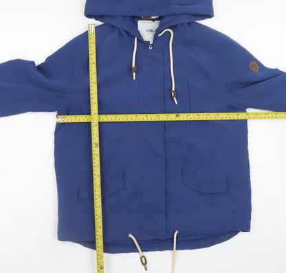 Back view of Only Men's Blue Hooded Windbreaker Jacket, size S, Polyester Nylon