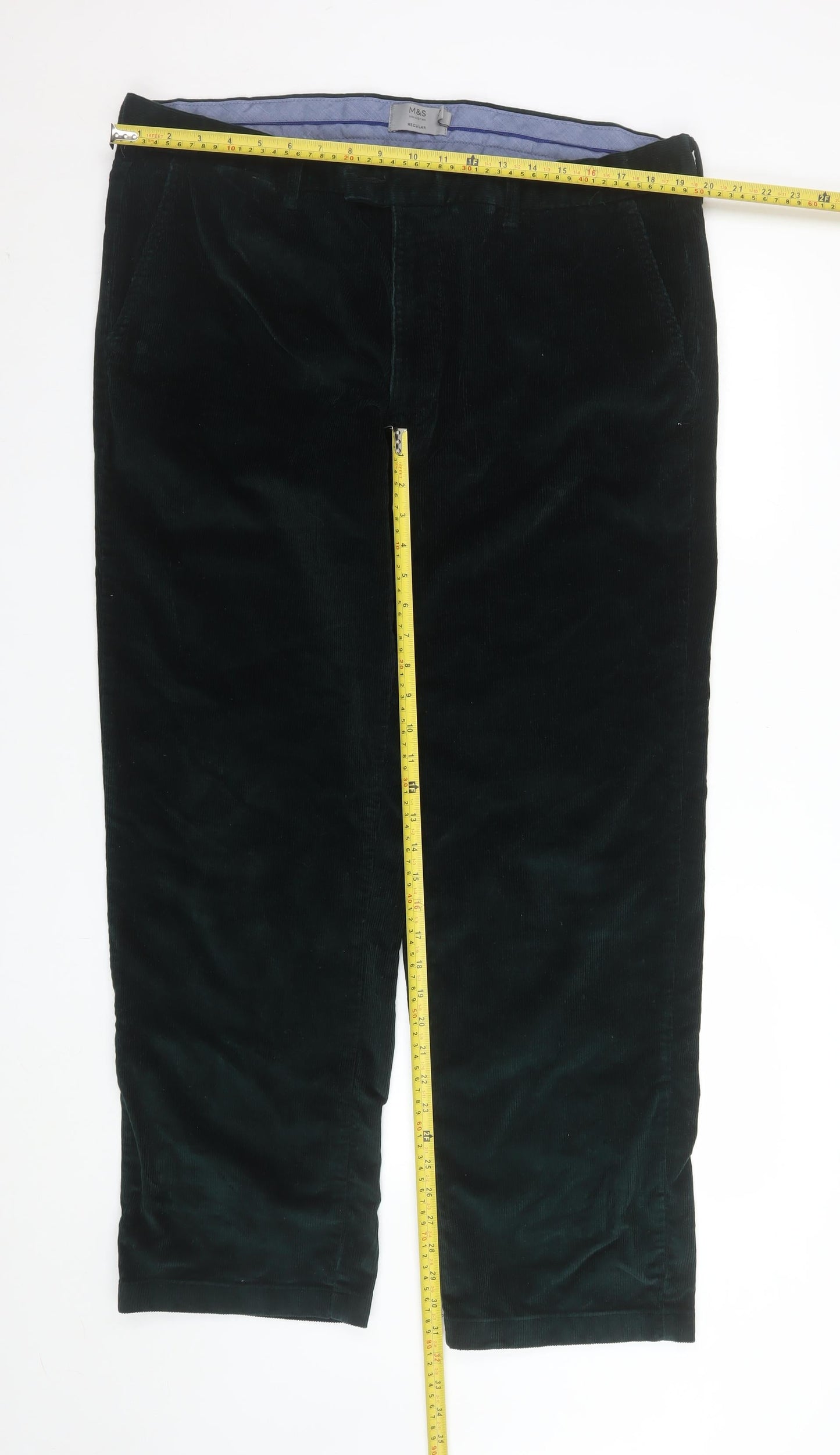 Marks and Spencer Men's Green Corduroy Chino Trousers 40W 31L Regular Fit