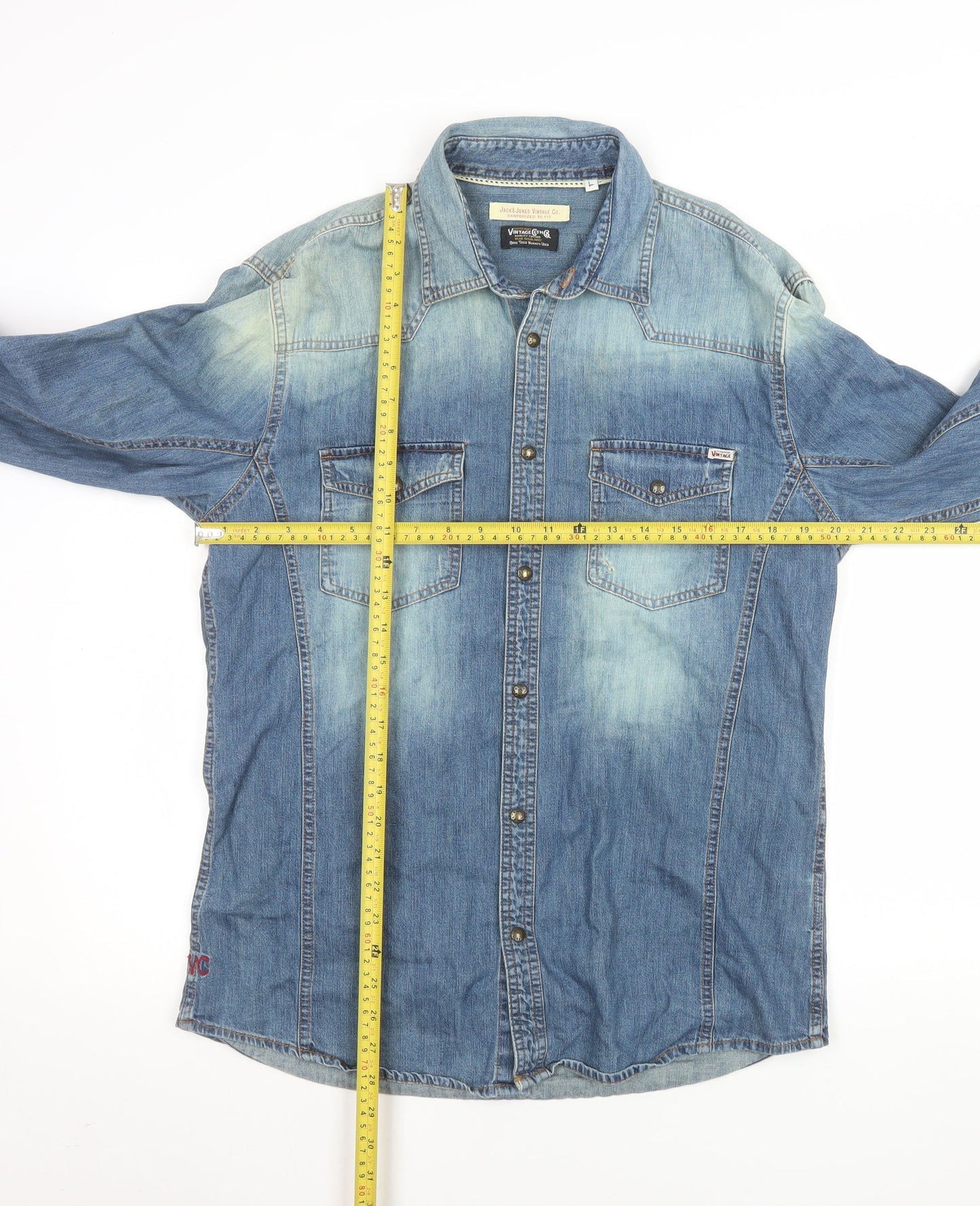 Jack & Jones Vintage Co. Men's Blue Denim Long Sleeve Button-Up Shirt L