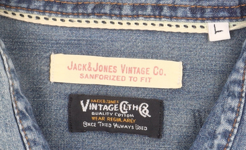 Jack & Jones Vintage Co. Men's Blue Denim Long Sleeve Button-Up Shirt L