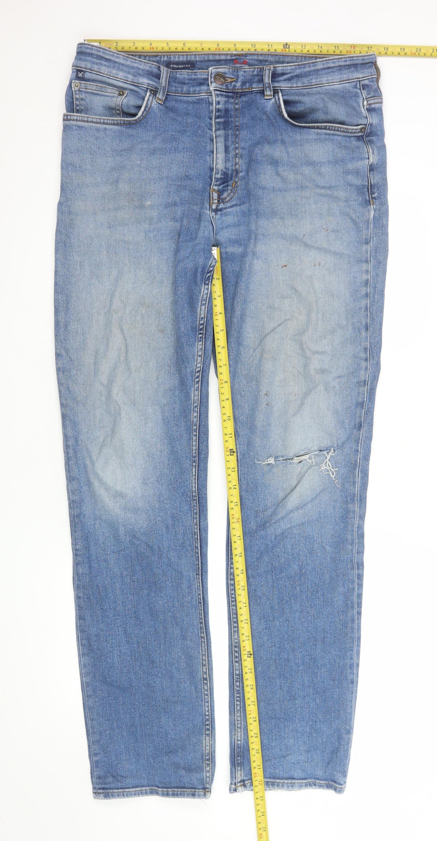 Crew Clothing Company Men's Blue 36L Straight Fit Distressed Jeans