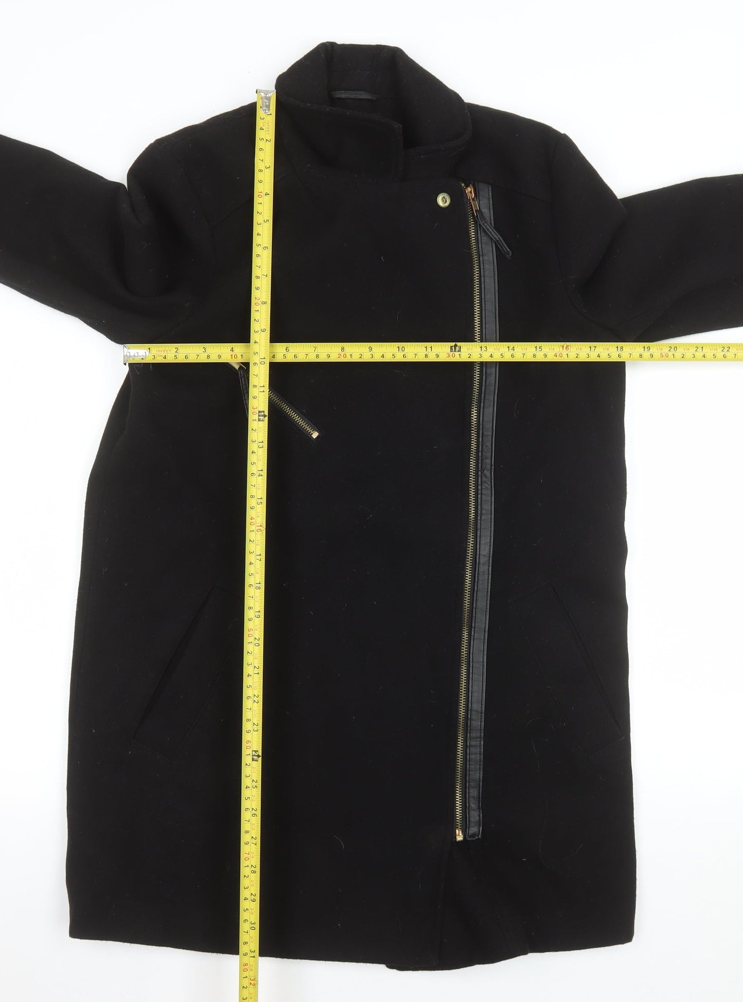 Dorothy Perkins Women’s Black Wool Biker Coat Size 12 Mid-Length Zip