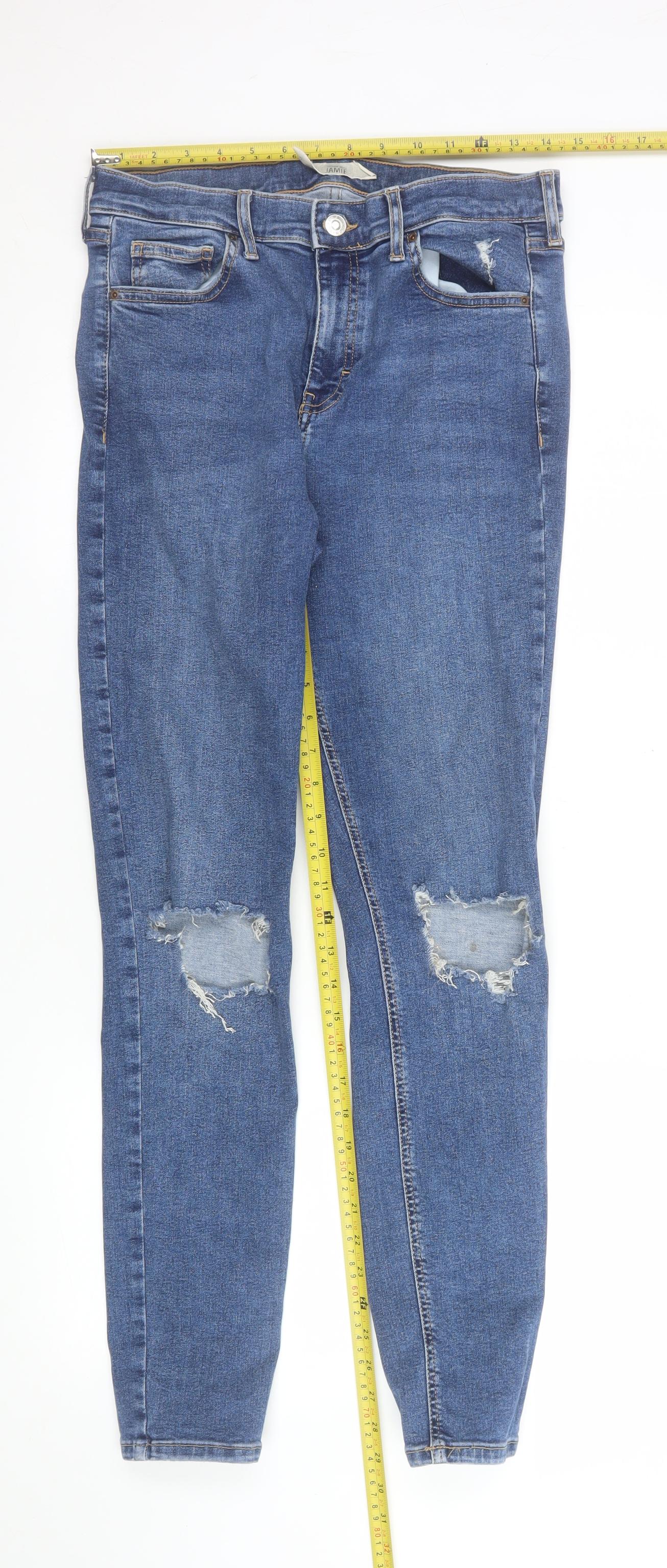 Topshop Women’s Blue Skinny Distressed Jeans W30 L34 Size 12