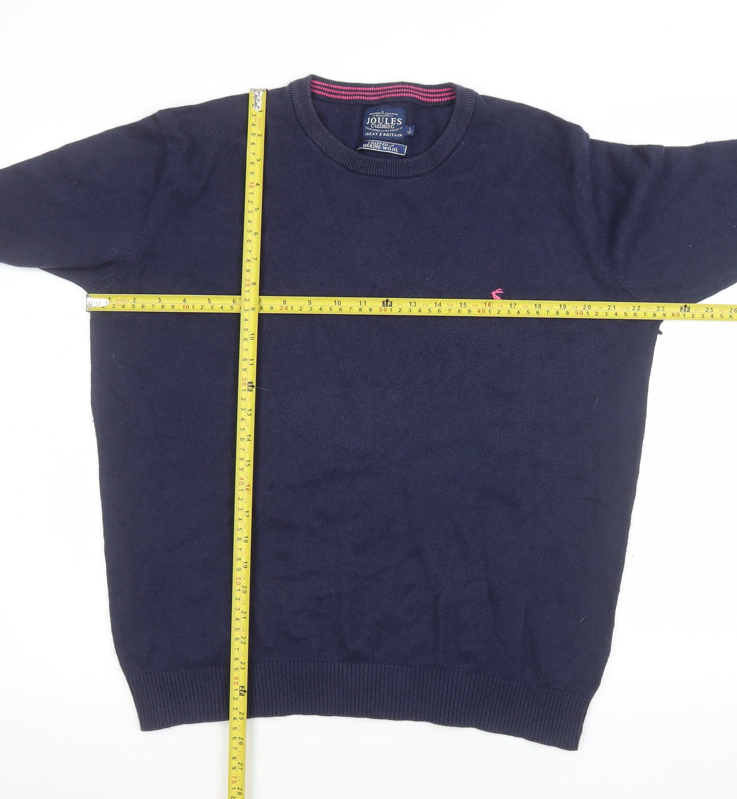 Joules Men's Navy Blue Merino Wool Cotton Crew Neck Jumper Size L