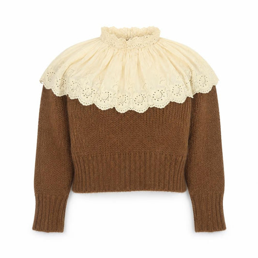 Zara Women Brown Chunky-Knit Lace High Neck Jumper Size 12