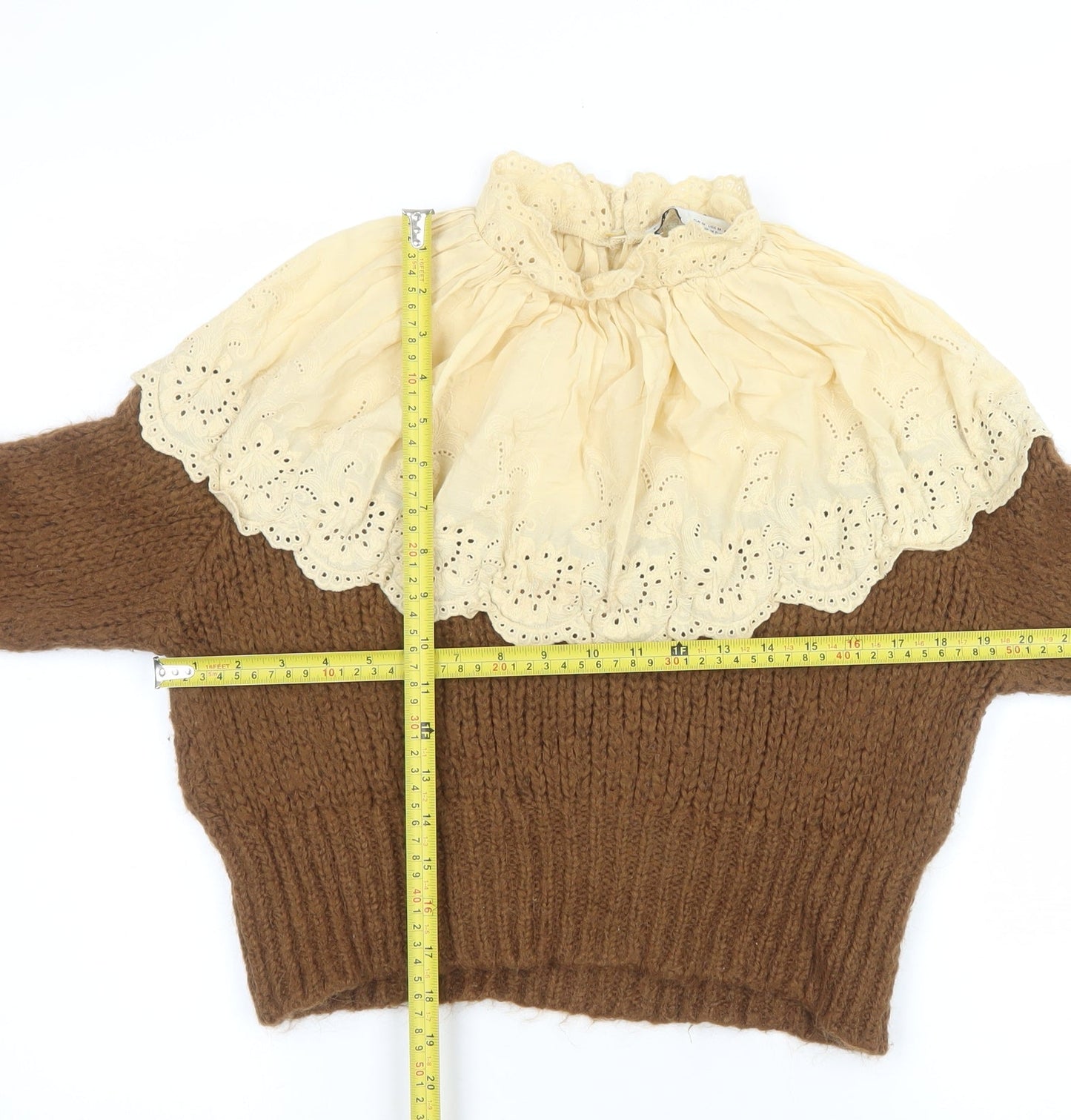 Zara Women Brown Chunky-Knit Lace High Neck Jumper Size 12