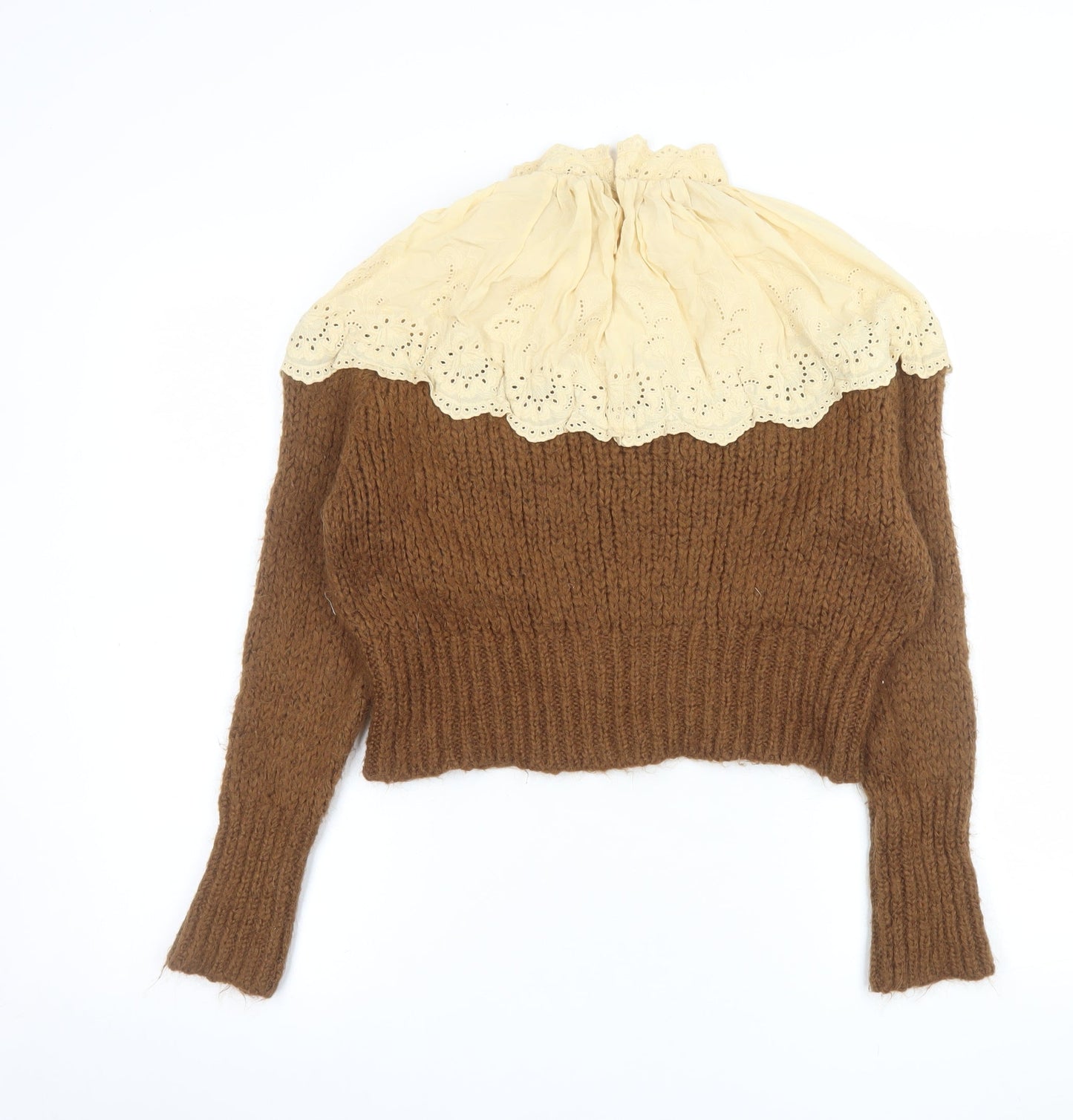 Zara Women Brown Chunky-Knit Lace High Neck Jumper Size 12