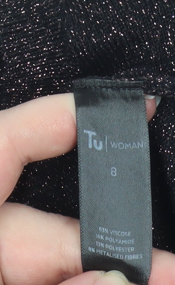 Tu Woman Black Glitter Ruffle Long Sleeve Knitted Blouse Size 8