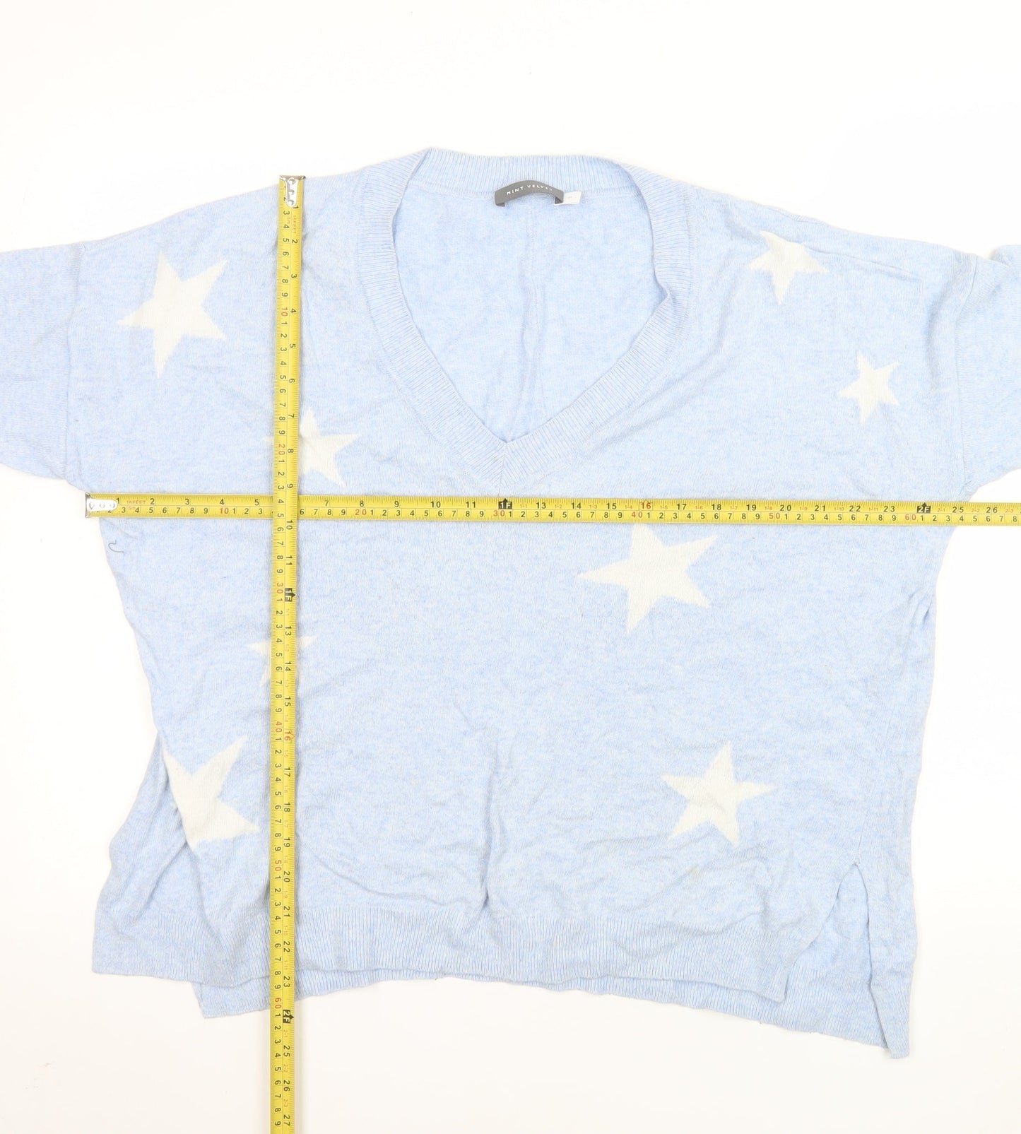Mint Velvet Women's Blue Star V-Neck Cotton Cashmere Jumper Size M