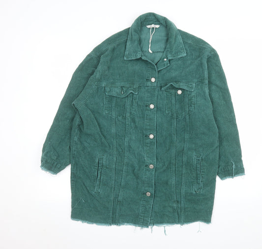 See See Women Green Corduroy Long Jacket S Button-Up Frayed Hem