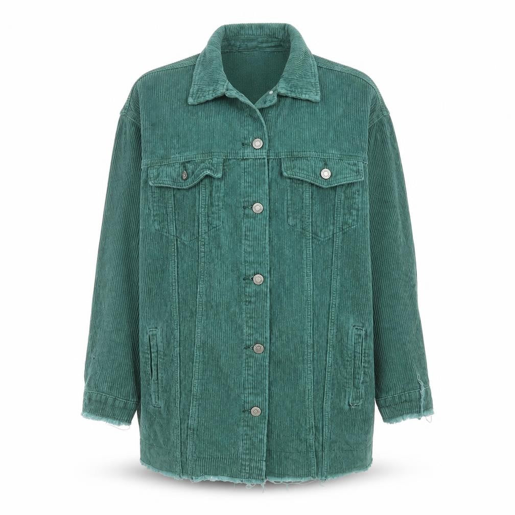 See See Women Green Corduroy Long Jacket S Button-Up Frayed Hem