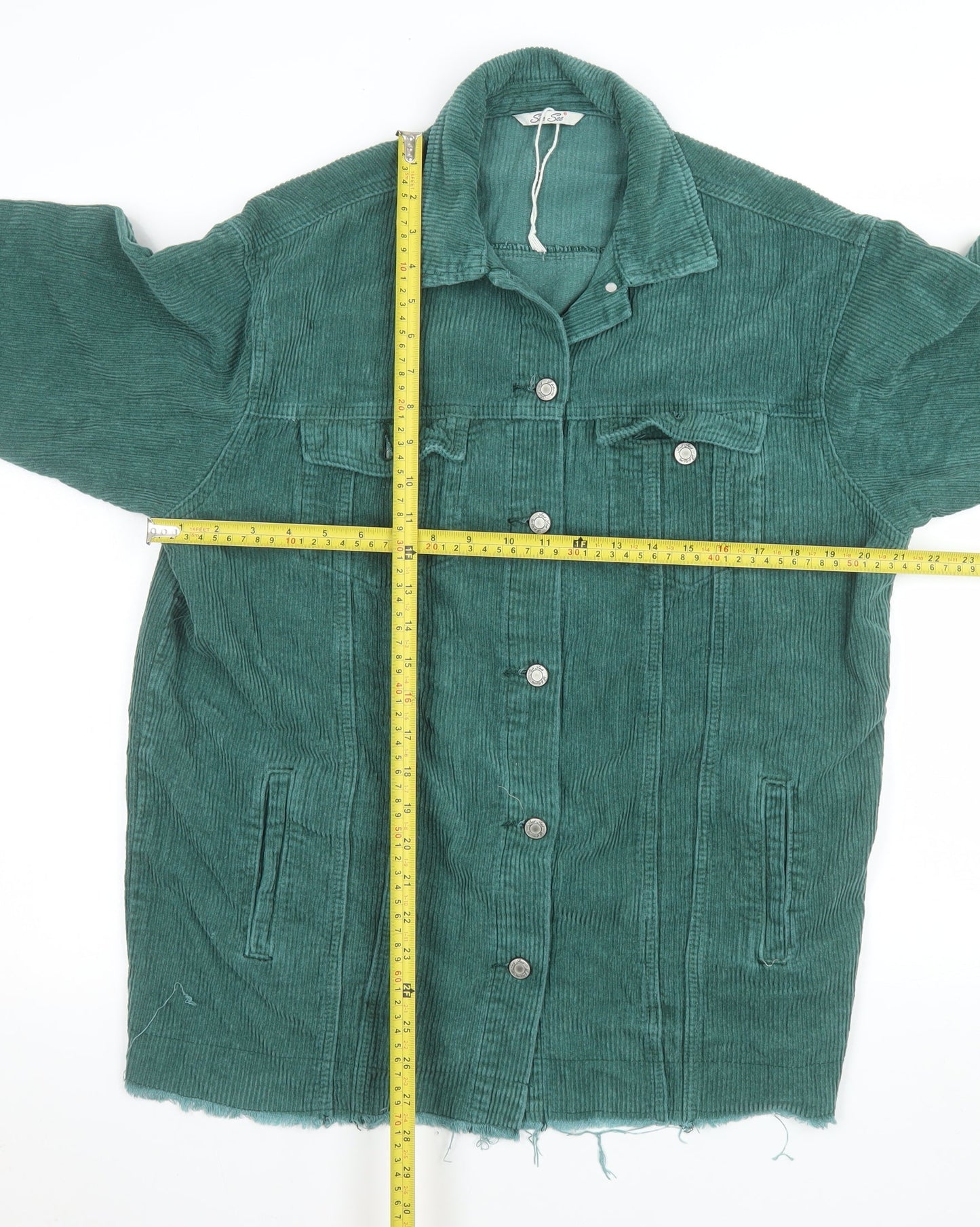See See Women Green Corduroy Long Jacket S Button-Up Frayed Hem