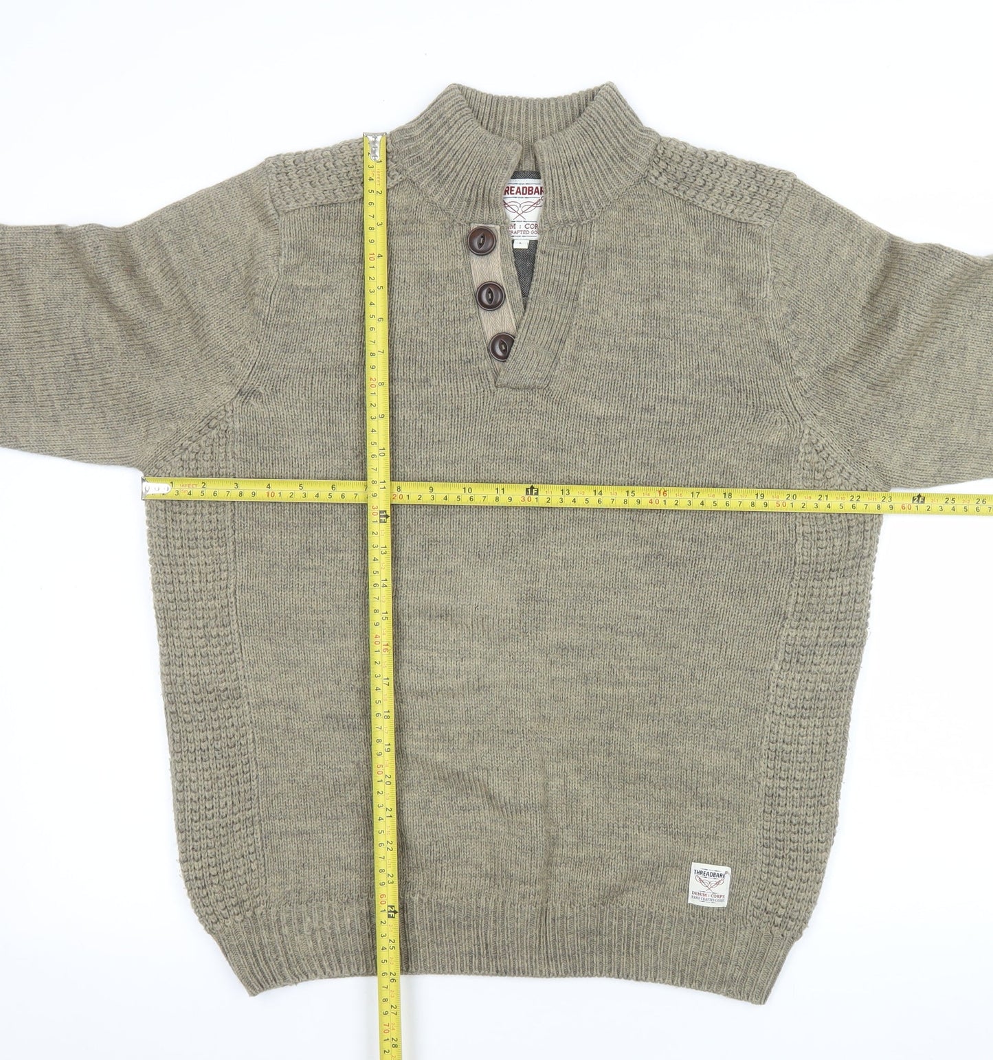 Threadbare Mens Green Henley Jumper L Wool Blend Knit Pullover