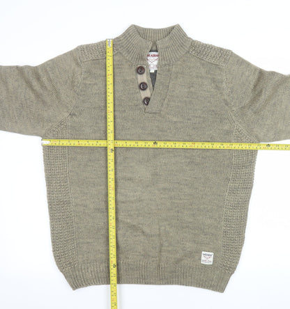 Threadbare Mens Green Henley Jumper L Wool Blend Knit Pullover
