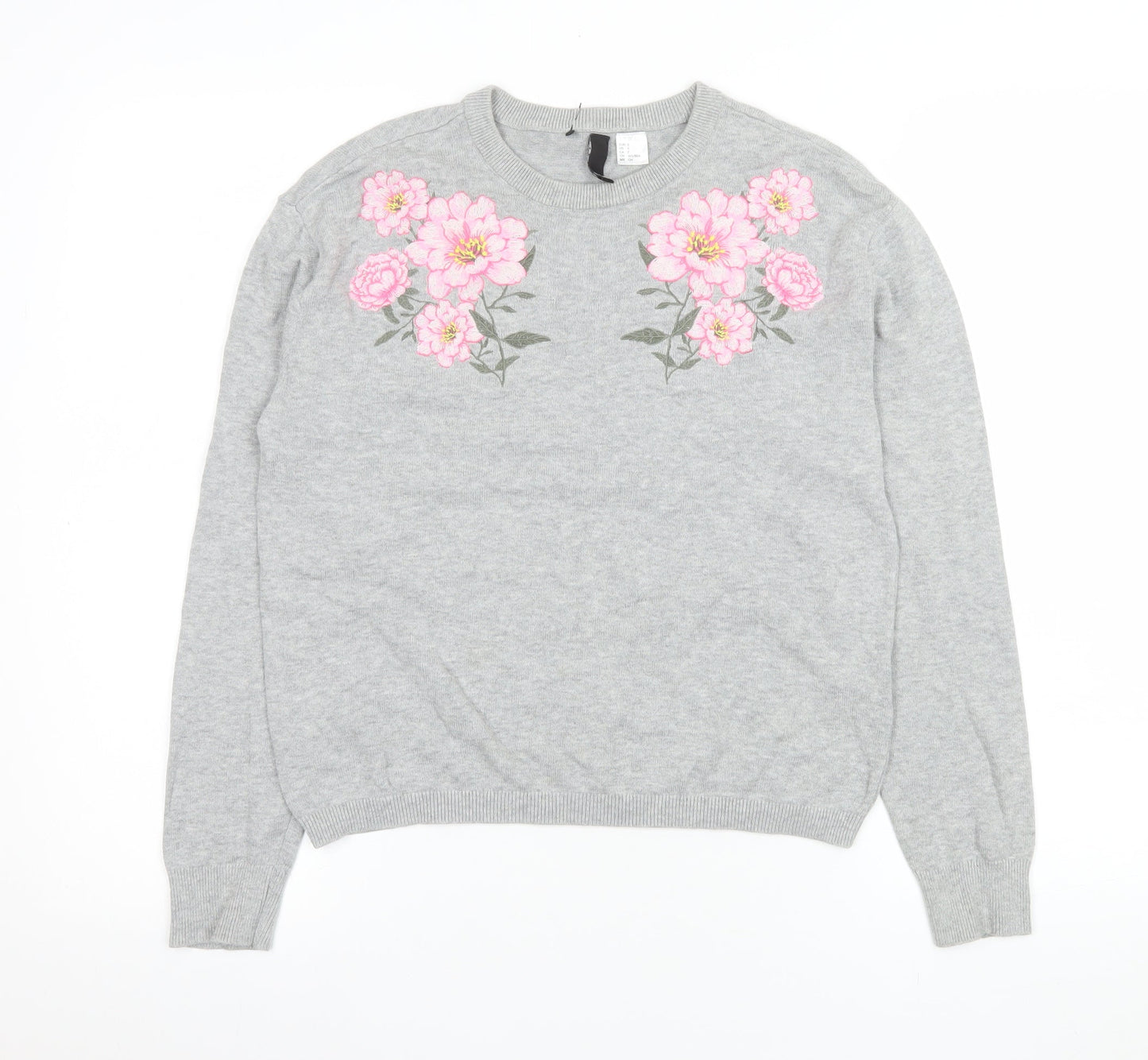 H&M Divided Women’s Grey Floral Embroidered Cotton Jumper Size S