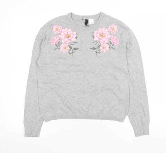 H&M Divided Women’s Grey Floral Embroidered Cotton Jumper Size S