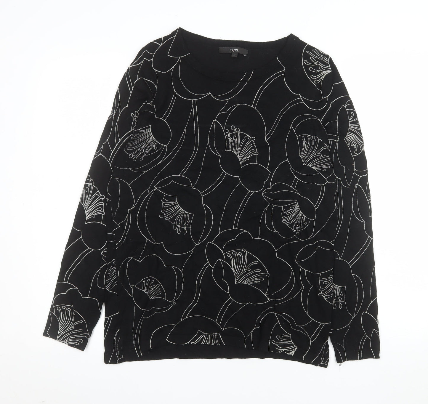 Next Womens Black Floral Pattern Jumper Size 12 Long Sleeve Knit