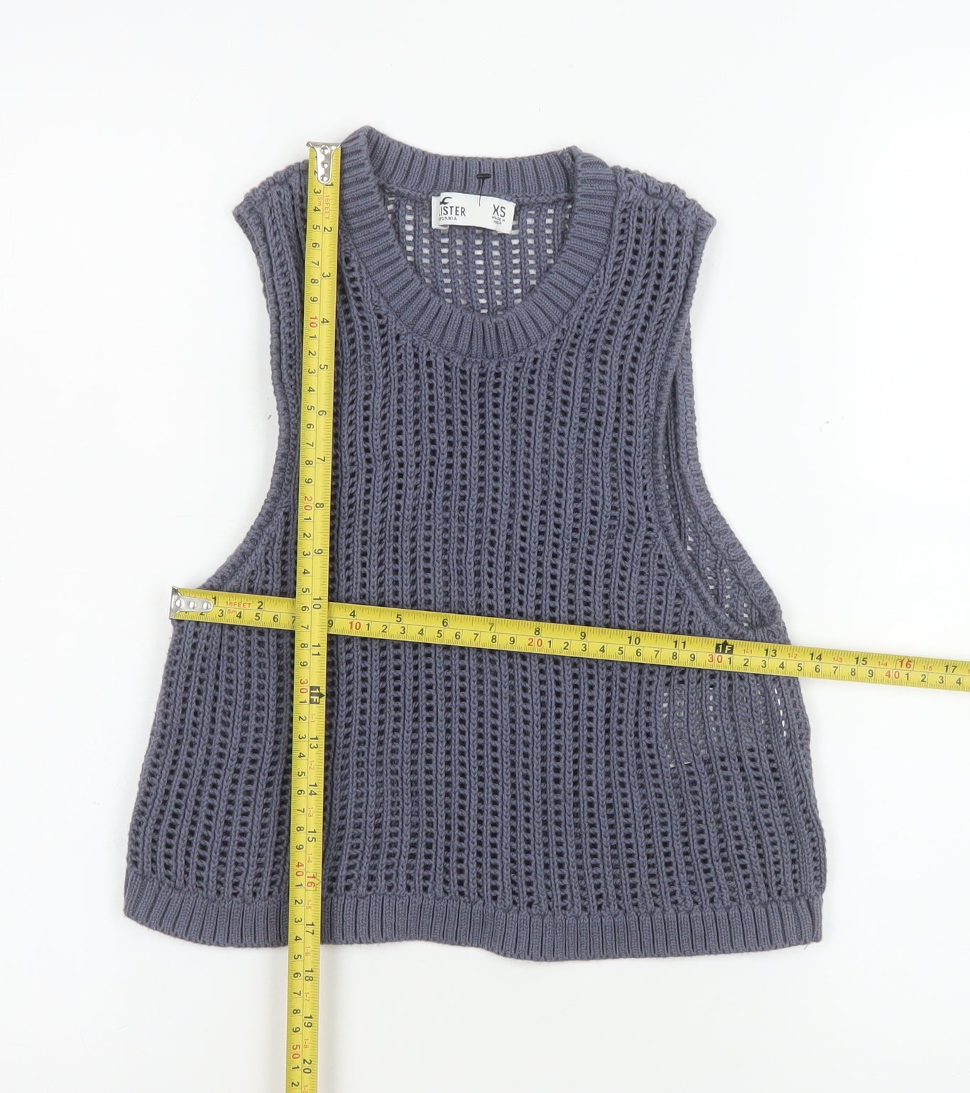 Hollister Women Grey Open Knit Cotton Vest XS Sleeveless Jumper