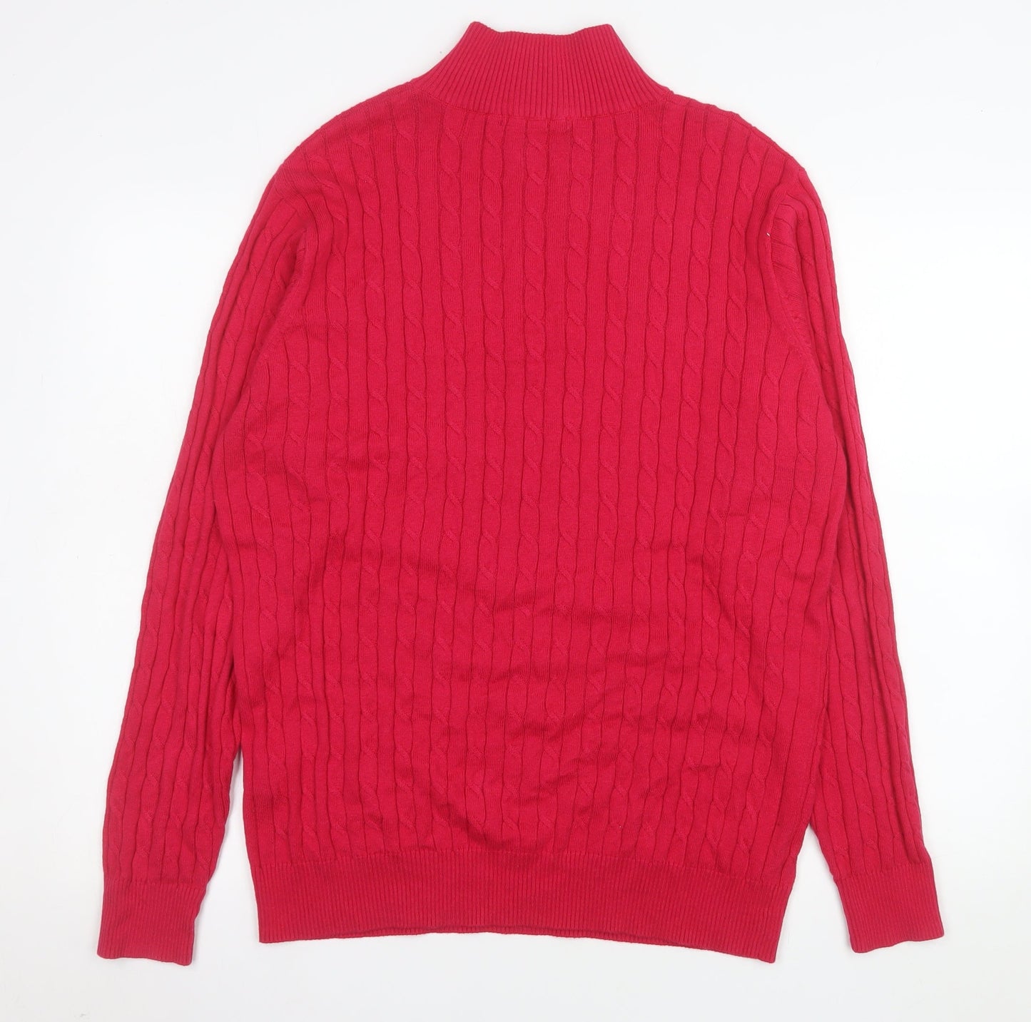 WoolOvers Women Red Cable-Knit Half Zip Jumper M Cotton Cashmere