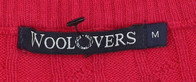 WoolOvers Women Red Cable-Knit Half Zip Jumper M Cotton Cashmere