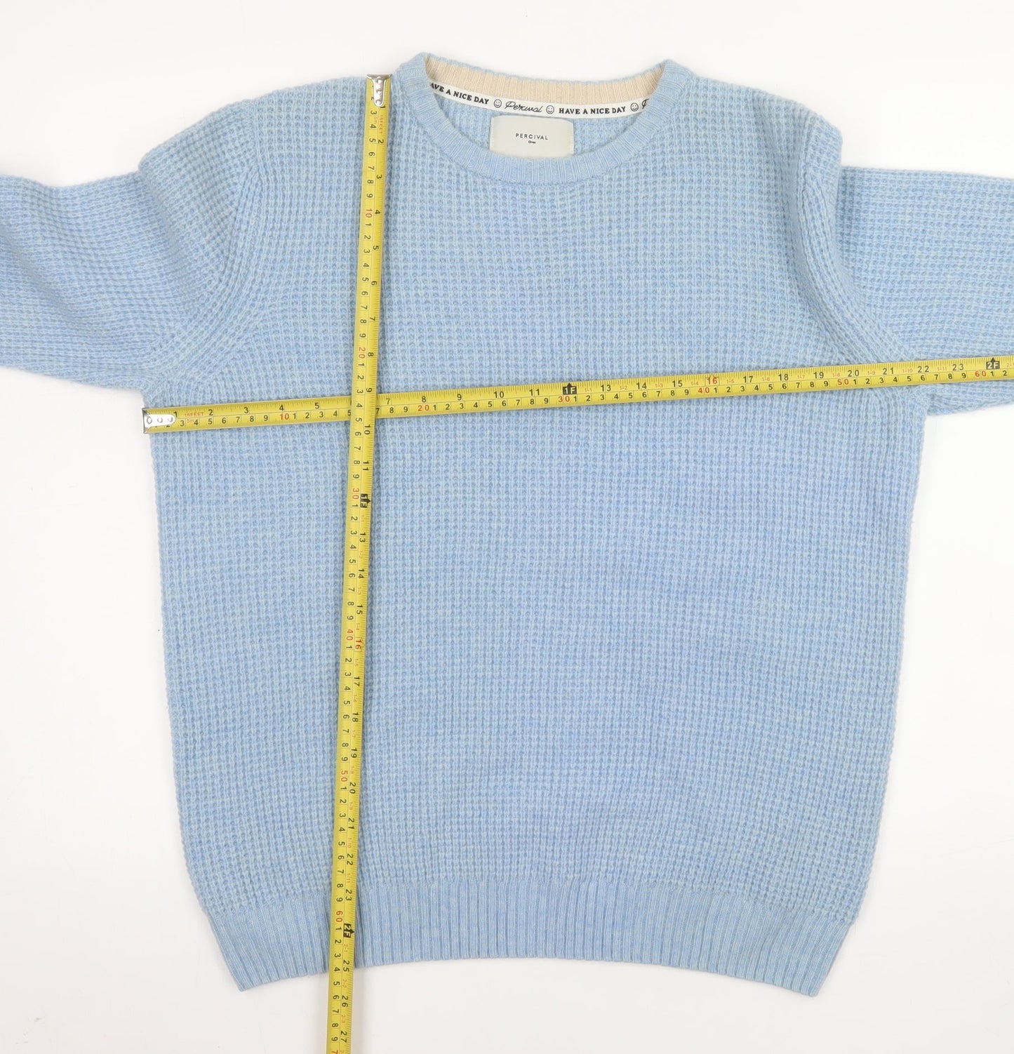 Percival Women Blue Wool Waffle-Knit Crew Neck Jumper Size S