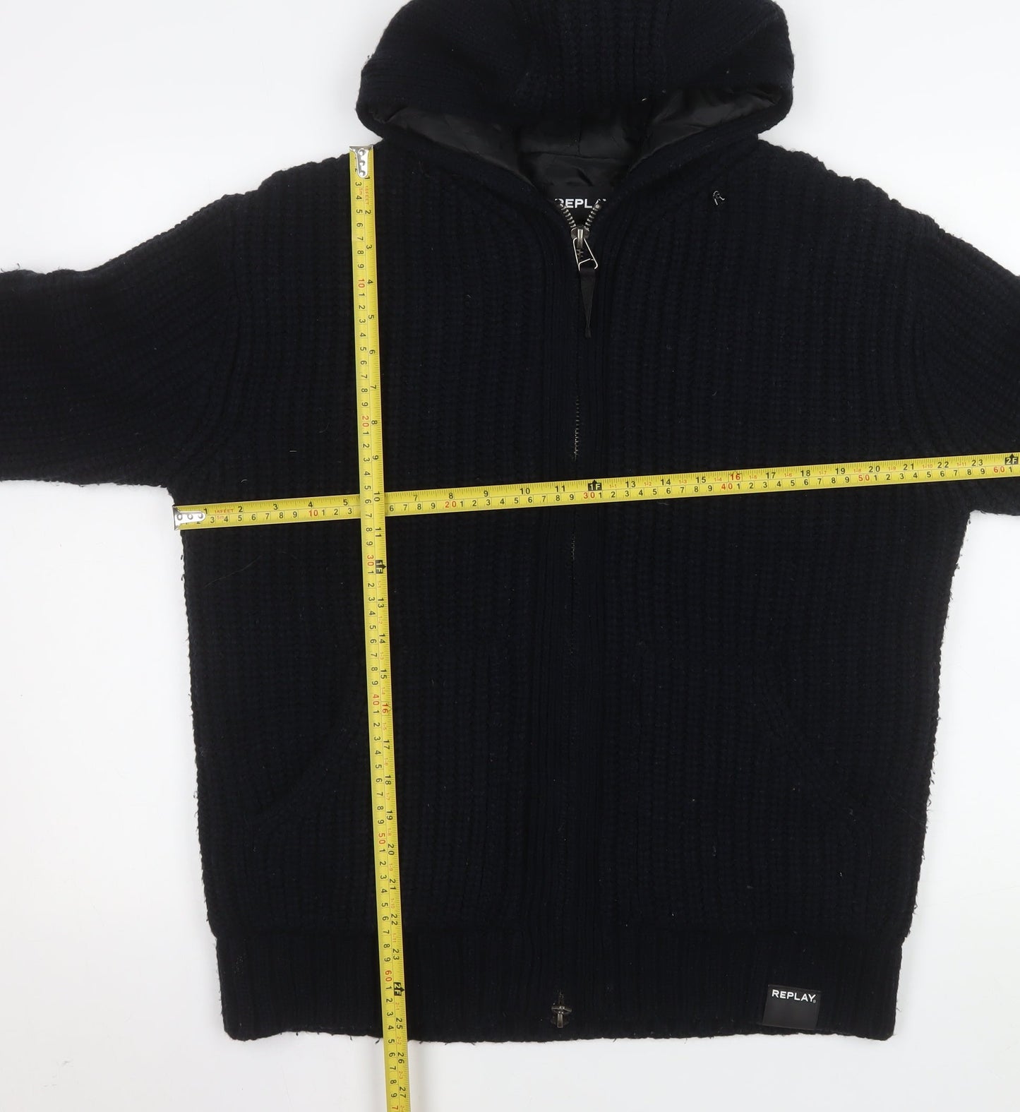 Replay Men’s Black Knit Hooded Lined Full Zip Winter Jacket Size L