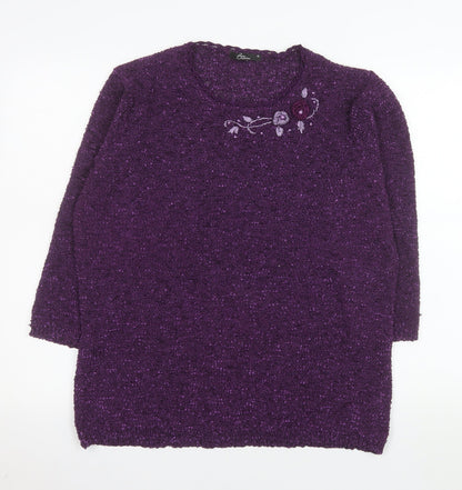 Bonmarché Women Purple Embroidered Pullover Jumper XL Polyester