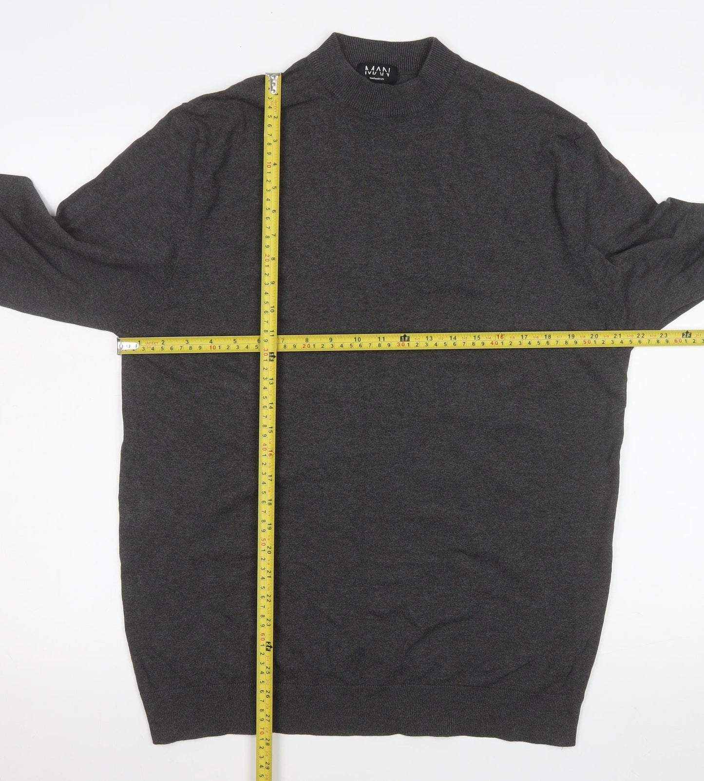 boohooMAN Men's Grey Mock Neck Long Sleeve Lightweight Pullover Jumper XL