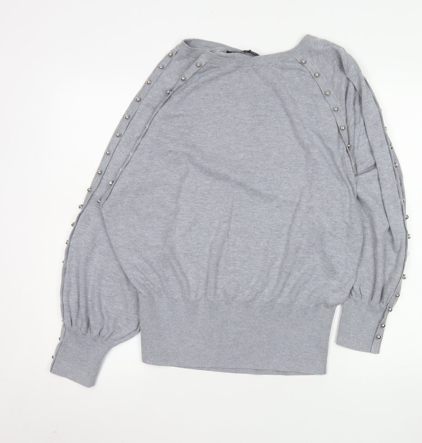 French Connection Women's Grey Studded Boat Neck Jumper XL