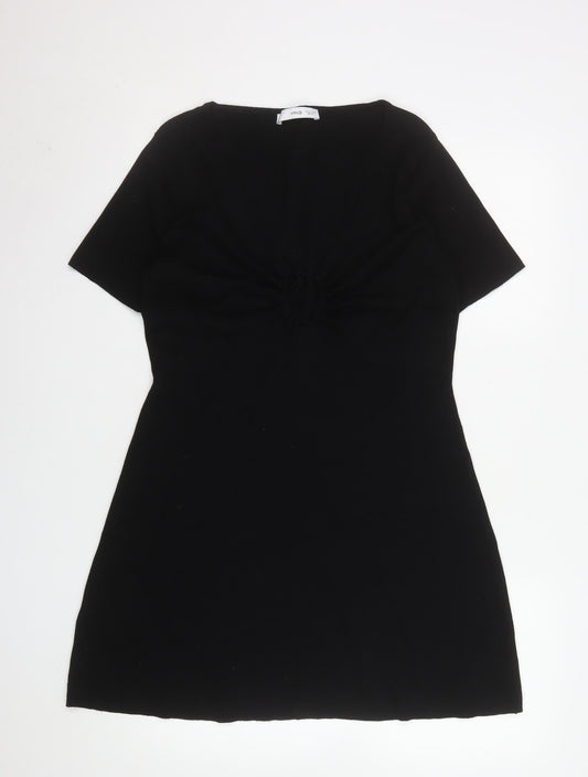 Mango Women's Black Short Sleeve Ruched Bodycon Dress Size 16