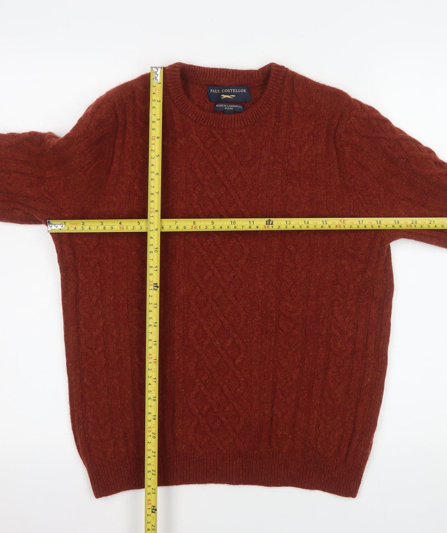 Paul Costelloe Men's Brown Lambswool Blend Cable-Knit Jumper L