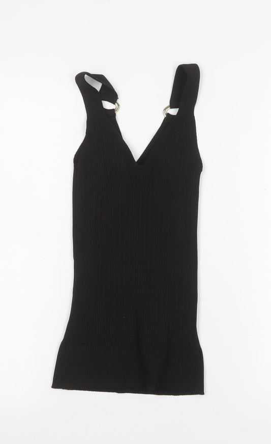 River Island Women Black Slim Knit V-Neck Tank Top M