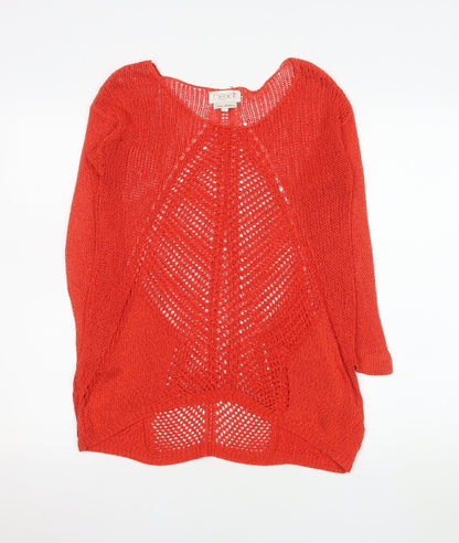 Next Women Red Open-Knit 3/4 Sleeve Scoop Pullover Jumper Size 8