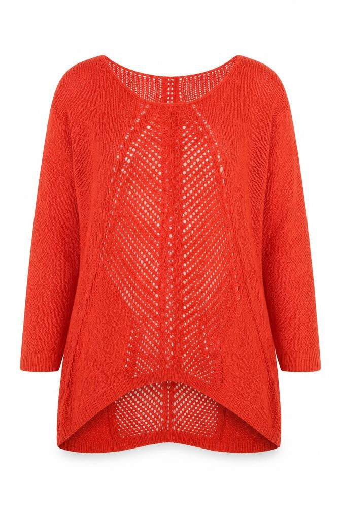 Next Women Red Open-Knit 3/4 Sleeve Scoop Pullover Jumper Size 8