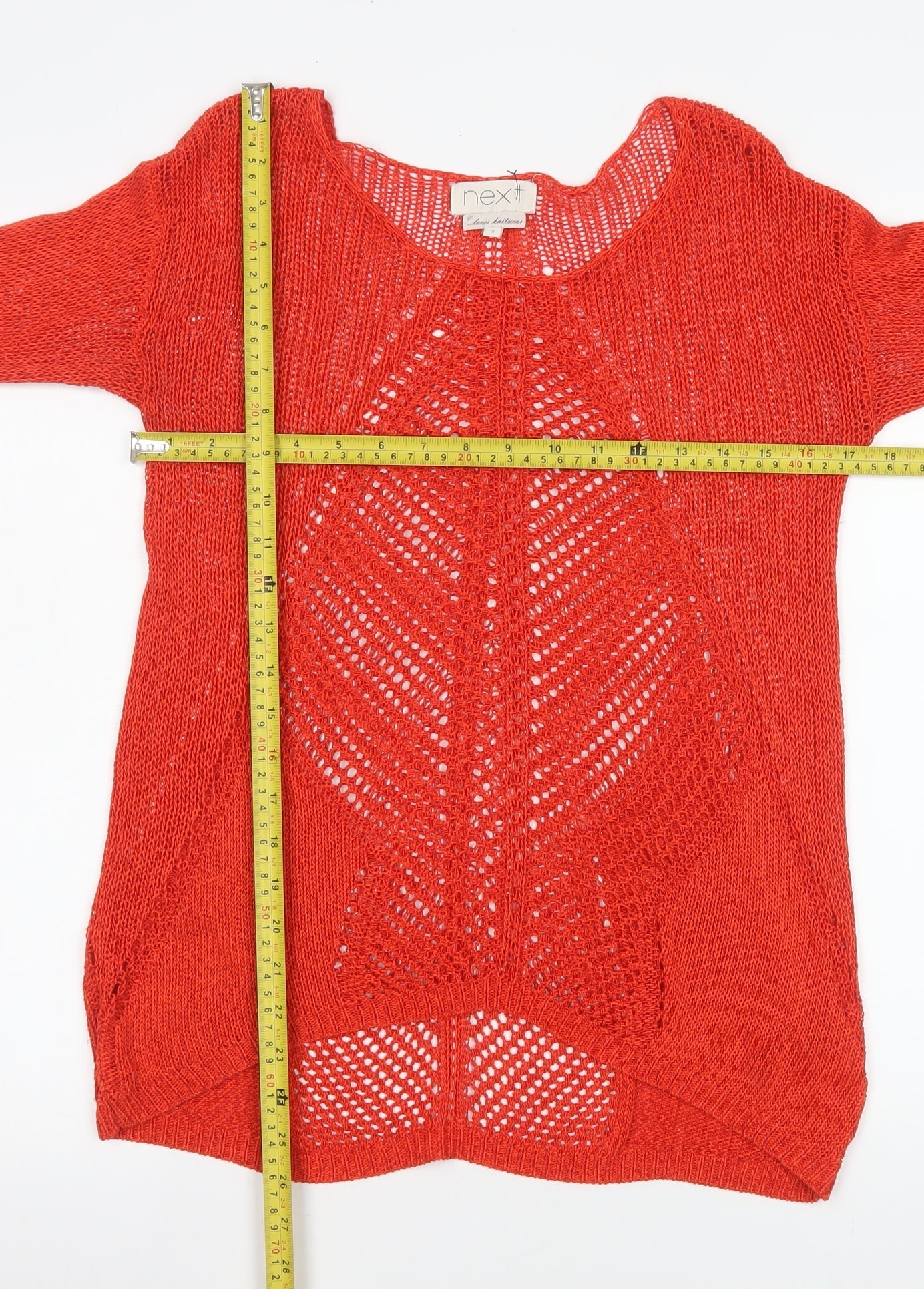 Next Women Red Open-Knit 3/4 Sleeve Scoop Pullover Jumper Size 8