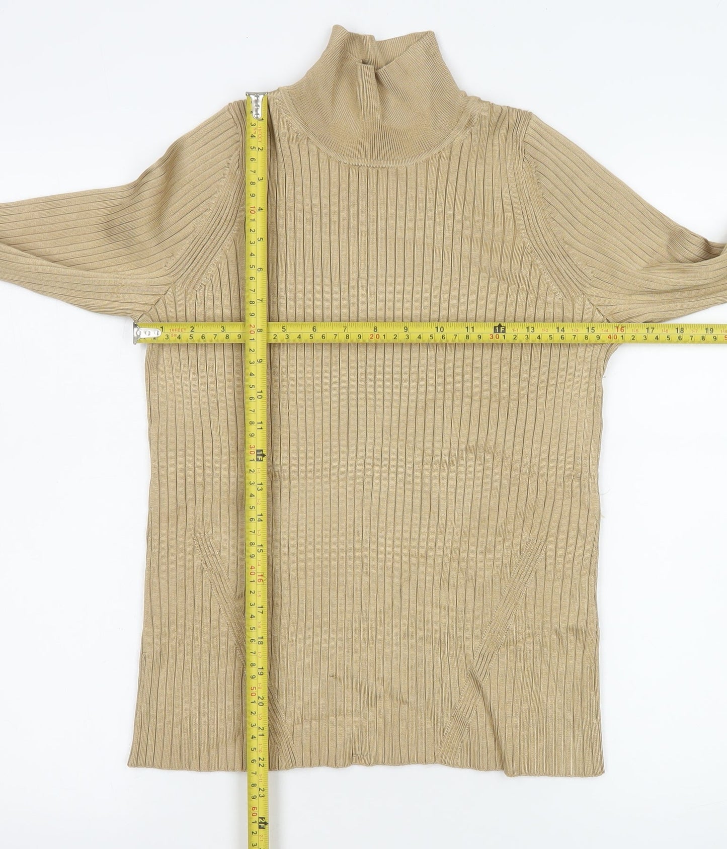 Jaeger Women’s Beige Roll Neck Ribbed Jumper M