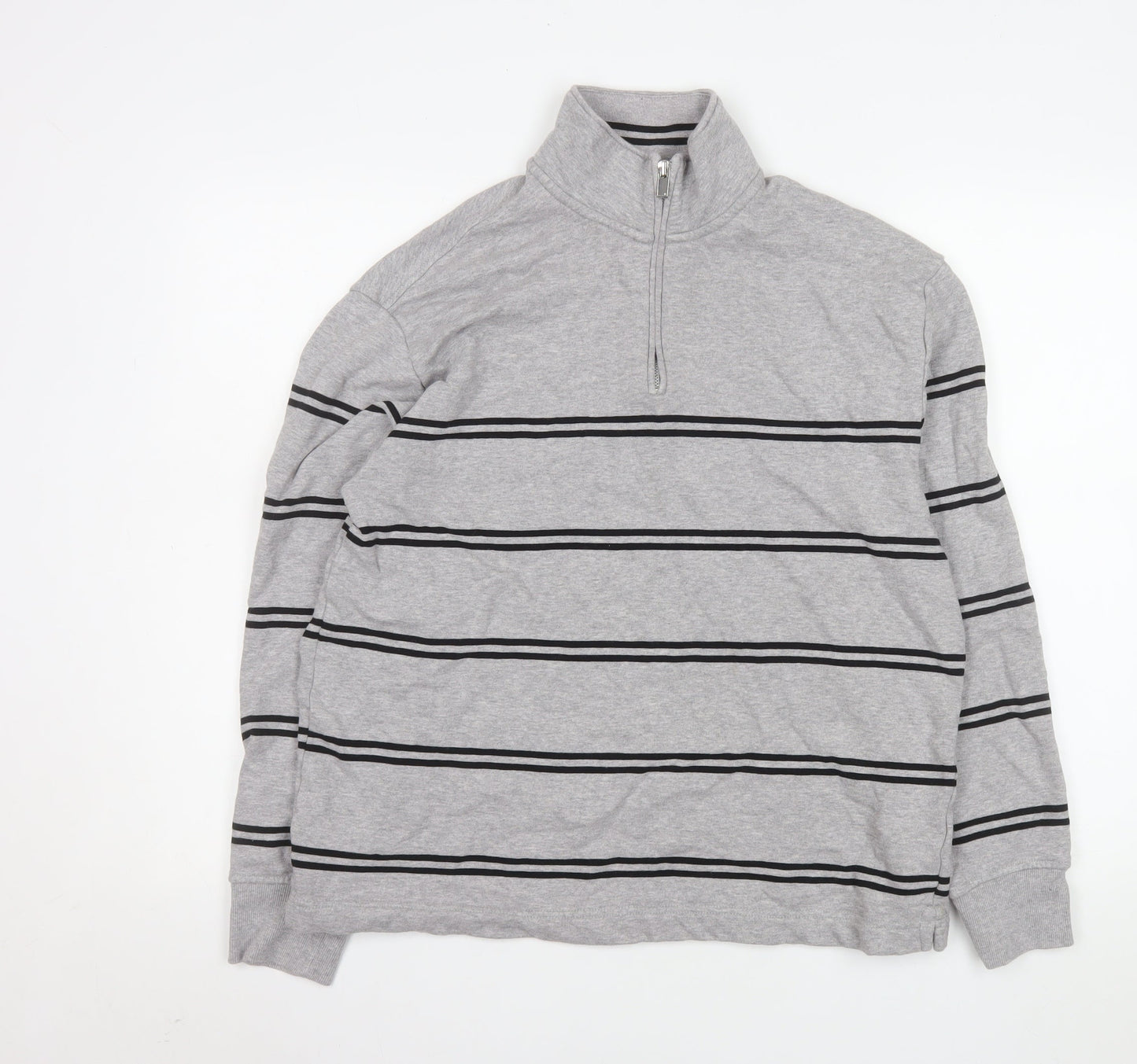 Marks and Spencer Men's Grey Striped 1/4 Zip Sweatshirt M