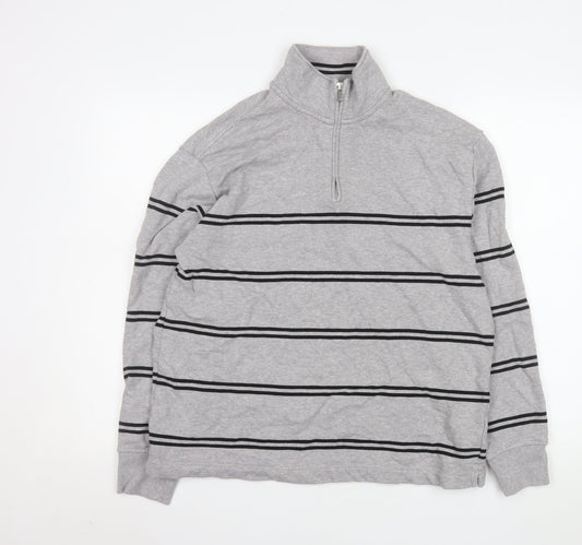 Marks and Spencer Men's Grey Striped 1/4 Zip Sweatshirt M