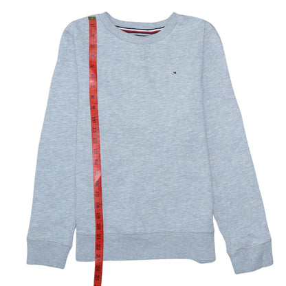Close-up detail of Tommy Hilfiger boys’ grey pullover sweatshirt, size 164, long sleeve