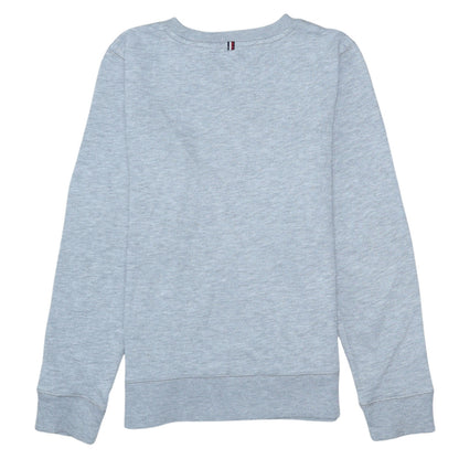 Brand and care label for Tommy Hilfiger boys’ grey pullover sweatshirt, size 164, long sleeve