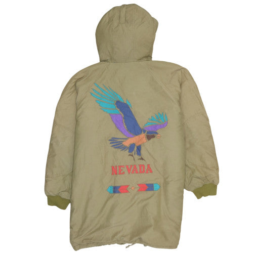 René Derhy Women’s Beige Embroidered Parka Coat Size L Hooded Winter
