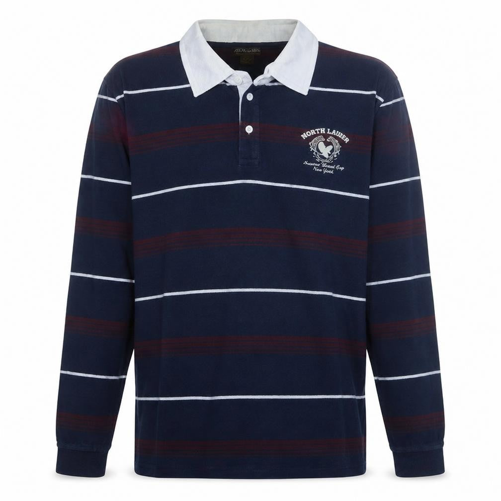 Atlas For Men Navy Blue XL Long Sleeve Striped Collared Polo Shirt