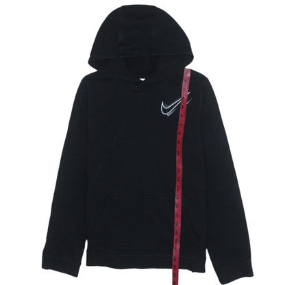 Close-up detail of Nike boys’ black xl pullover fleece hoodie with logo print