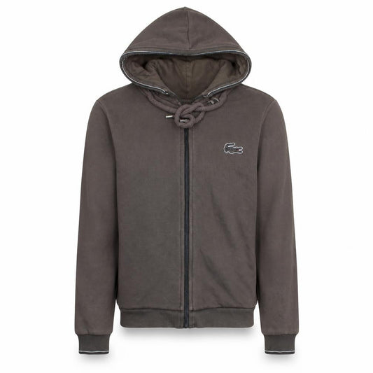 Front view of Lacoste Men's Brown Full Zip Hoodie, size M, Classic Style
