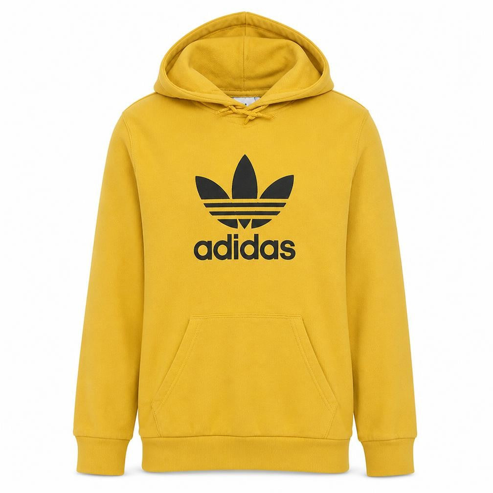 Adidas Mens Yellow Pullover Hoodie Small Logo Graphic Fleece