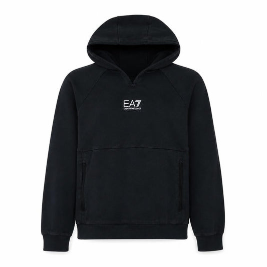 Front view of Emporio Armani EA7 Men's Black Pullover Hoodie, size L, Fleece Logo